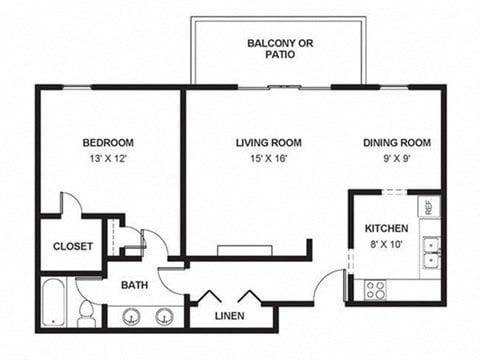 Floor plan for 1 bed, 1 bath, 850 sqft